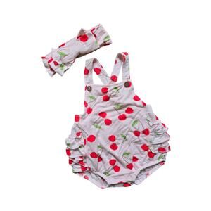 Milkberry Bamboo Pink Cherry Overall Bubble Romper with Hair Bow Size 3-6 Months